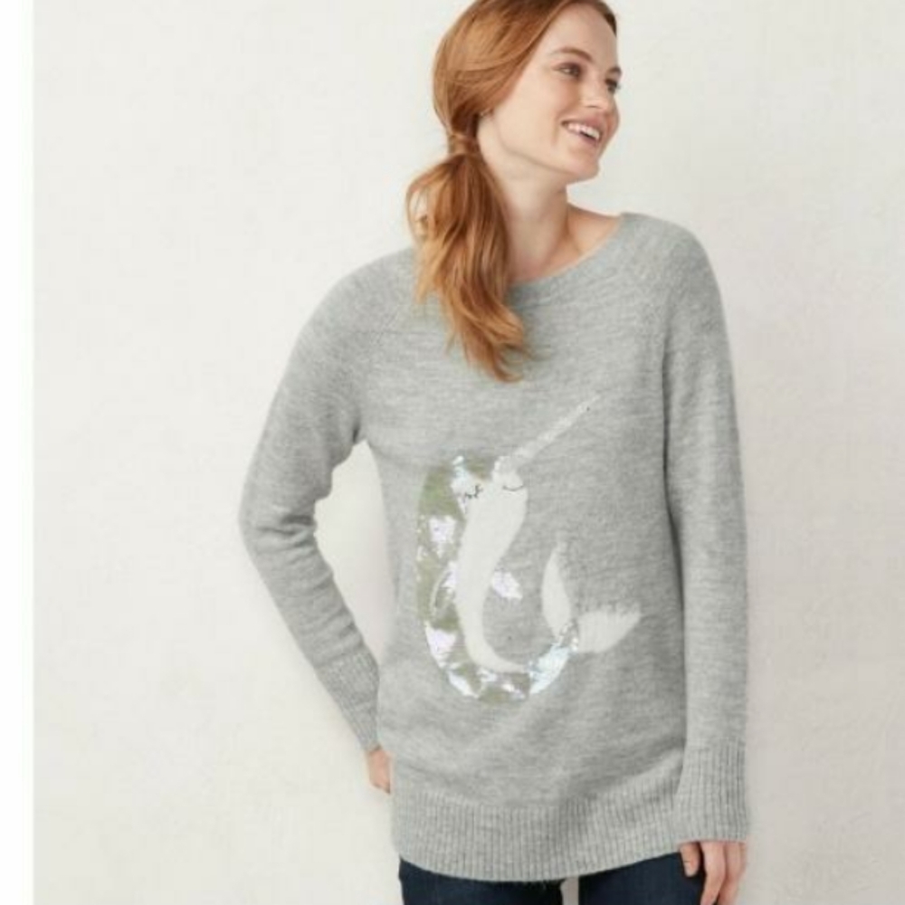 Lauren Conrad Narwhal Sequin Grey Sweater